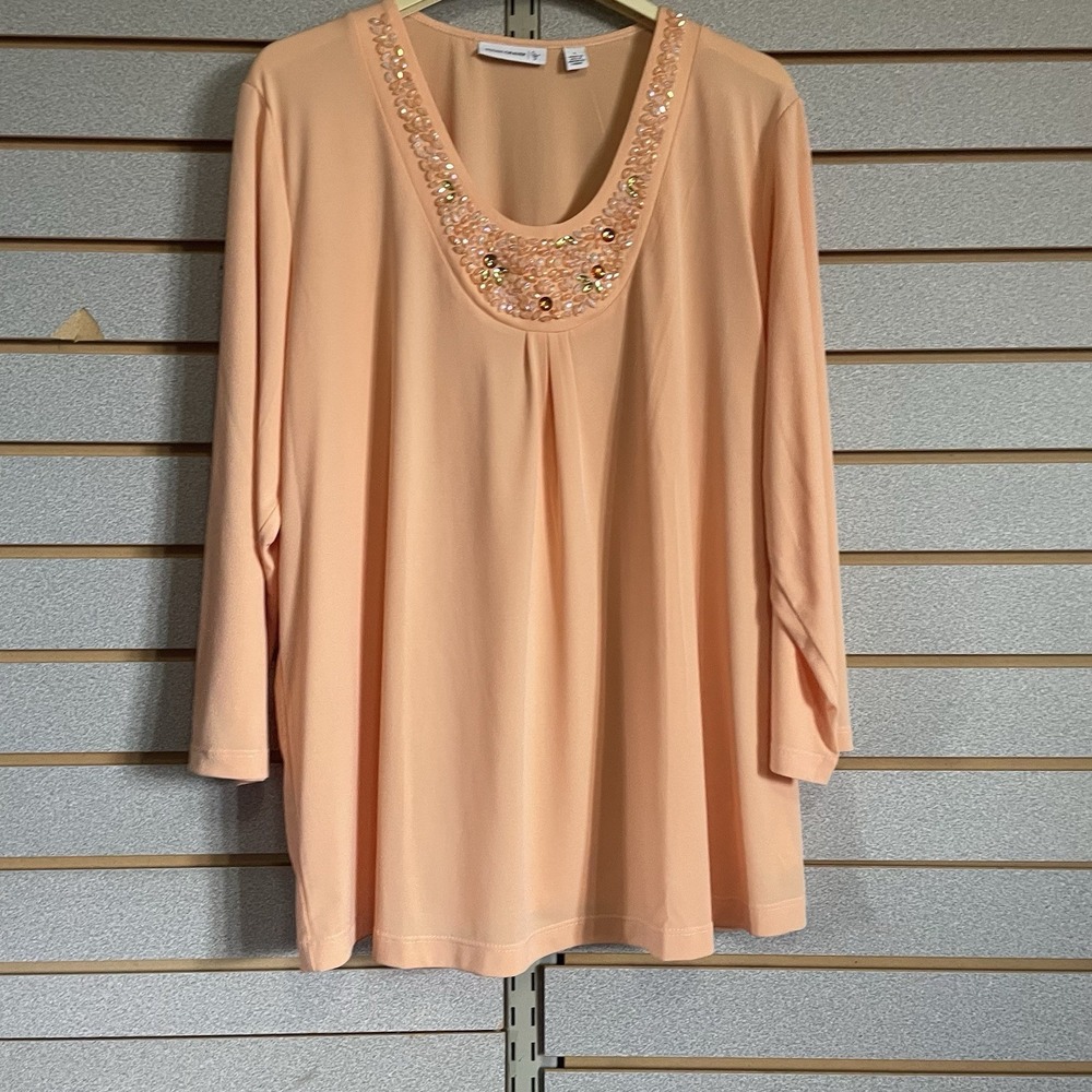 Susan Graver Liquid Knit Beaded  V Neck Top Shirt  Large‎ LN Business Casual